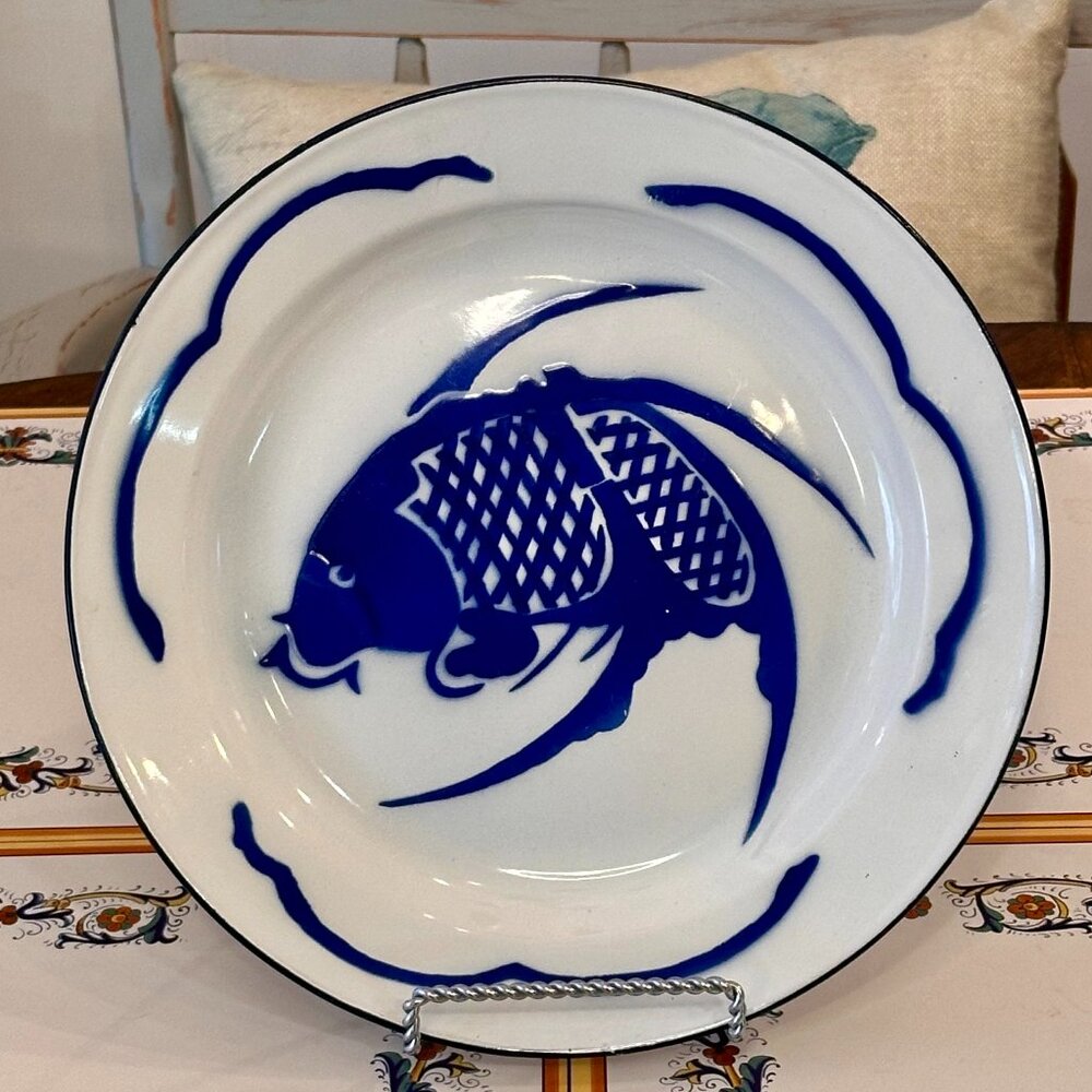 vintage Chinese enamelware plate featuring a blue and white koi fish design